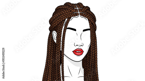 Stylized vector illustration of a beautiful woman showcasing long, intricate box braids, highlighting a trendy and elegant African-inspired hairstyle perfect for diverse beauty concepts and fashion