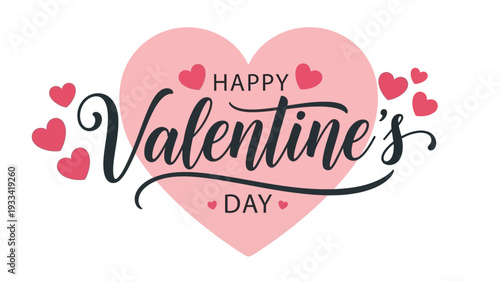 Vibrant pink heart illustration with elegant 'Happy Valentine's Day' lettering, surrounded by charming red hearts, perfect for expressing romantic sentiments and celebrating affection