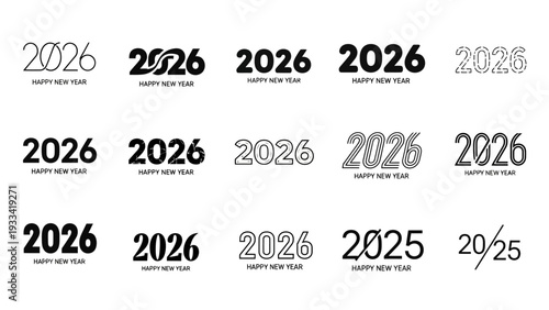 Collection of stylish typography designs for the year 2026, showcasing various font styles and creative layouts for celebratory graphics and modern branding