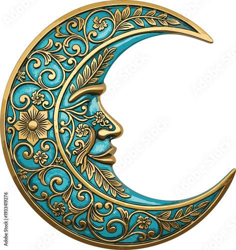 Luxury Golden Crescent Moon with Intricate Arabesque Floral Patterns, Traditional Islamic Lantern, and Decorative Man in the Moon Face Design Elements