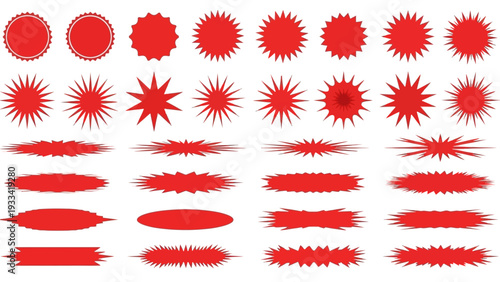 Collection of Red Vector Graphic Badges and Labels. Diverse Starburst and Oval Shapes for Sales, Promotions, and Modern Design Projects