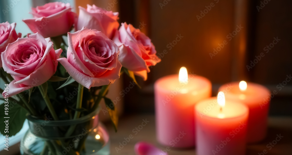 Fototapeta premium Bouquet of pink roses in glass vase and lit wax candles on blurred background creating romantic ambiance. Love vibe. Valentine's day card. Beautiful flowers on windowsill at home. Candlelight warmth.