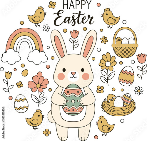 Easter bunny holding a basket of eggs surrounded by easter symbols