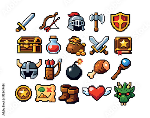 RPG video game pixel art set featuring fantasy armor, helmets, weapons, gold, magic spells, maps, and character items