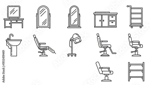 Collection of professional salon and barbershop equipment icons, featuring essential furniture like mirrors, chairs, and styling tools for beauty services