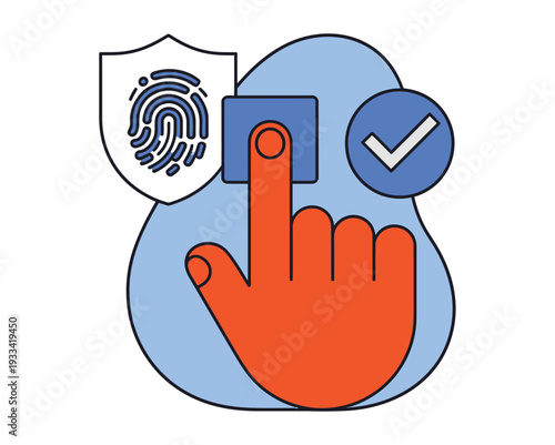 A graphic illustration of a secure login process with fingerprint scanning and verification