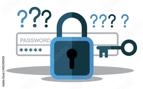 A graphic illustration of a padlock with a key and password box, surrounded by question marks, representing secure access and confidentiality.