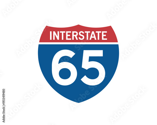 A blue and red interstate highway sign with the number 65 on a white background