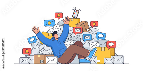 Man struggling under a mountain of digital communication, feeling stress and anxiety from constant messages and online overload