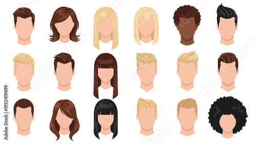 Diverse collection of modern and classic hairstyles for men and women, showcasing a variety of textures and lengths