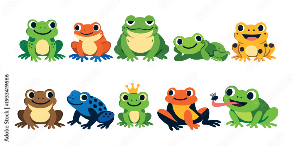 Obraz premium Cute frogs and toad set displaying different poses and colors, including a frog prince and one catching a fly