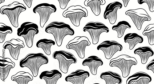 Hand Drawn Chanterelle Mushroom Pattern, Black and White Line Art Illustration