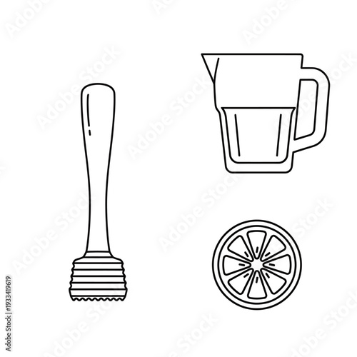 Simple line drawing of kitchen utensils and citrus fruit slice on white background viewed from directly above