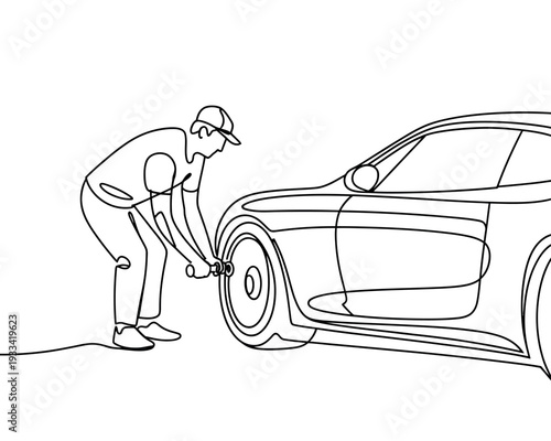 A man is changing a car tire with a lug wrench in a simple line drawing.