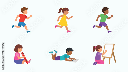 Happy diverse children engaged in active play, creative drawing, and learning activities. Cartoon illustration set.
