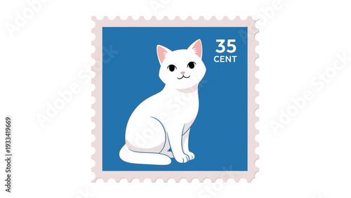 A charming white cat illustration featured on a postage stamp, perfect for animal lovers and collectors