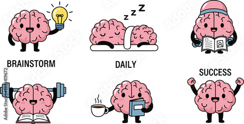 Brain character illustrations representing various mental states and actions