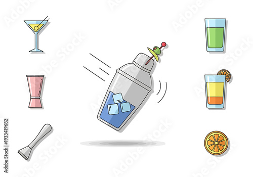 Cocktail shaker with ice and various colorful drinks, garnishes, and bar tools arranged around it on a white background from a straightforward viewpoint.