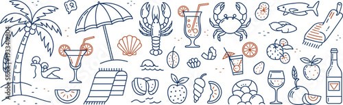 Beach vacation illustrations and summer drinks