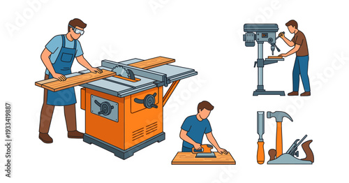 Carpenter at work, cutting wood with a table saw, drilling with a drill press, sanding wood, and various hand tools