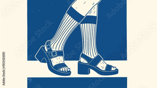Illustrated scene capturing a person's legs adorned with striped socks and fashionable chunky sandals, depicting a contemporary casual style moment with a distinct blue and white aesthetic