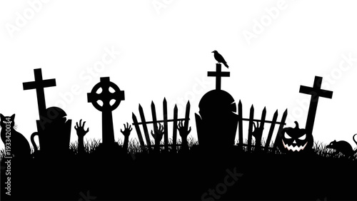 Haunted cemetery silhouette for Halloween featuring gravestones, zombie hands, a jack-o'-lantern, black cat, and raven, capturing a truly spooky night scene