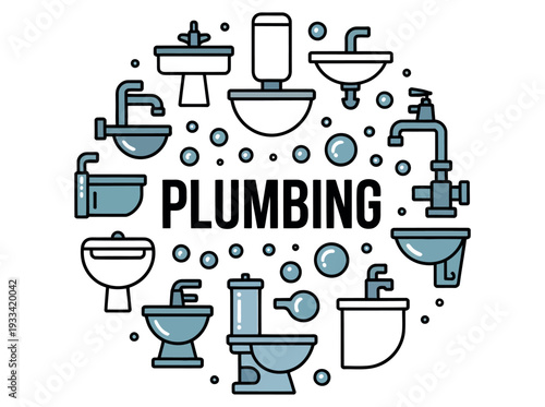 An illustration of various plumbing fixtures and the word 'plumbing' in a creative design