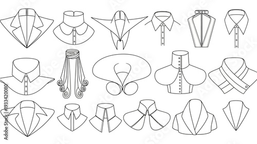A comprehensive visual guide showcasing an extensive variety of classic and contemporary collar designs, perfect for fashion illustrations, clothing patterns, and apparel design projects