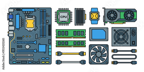 Computer hardware components including motherboard, CPU, RAM, and GPU making a modern digital technology concept