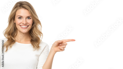 Woman pointing to empty space on left side
