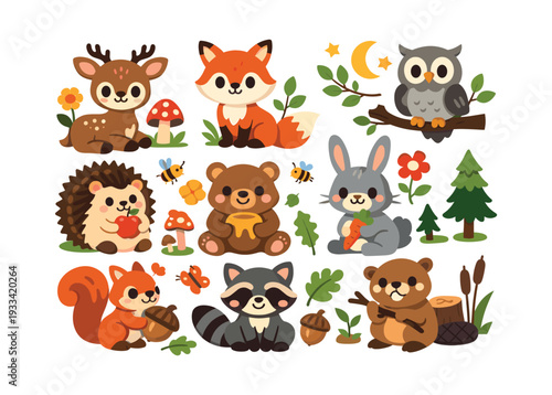 Cute woodland animals like deer, fox, owl, hedgehog, bear, rabbit, squirrel, raccoon, beaver characters on a white background