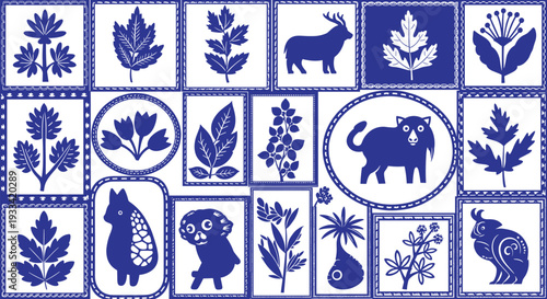 Blue and white delft tile panel with floral and animal motifs