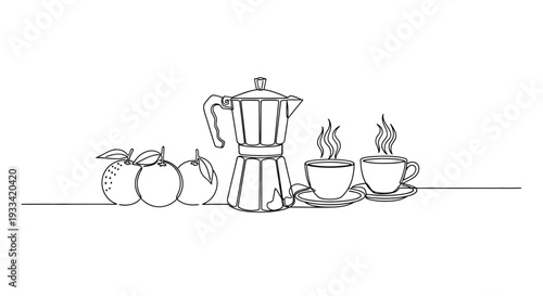 A coffee maker and two cups with steam rising, accompanied by fruit on a simple table setting, viewed from the side
