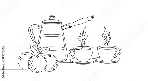 Coffee cups and teapot with fruit on a table in a minimalist line drawing style