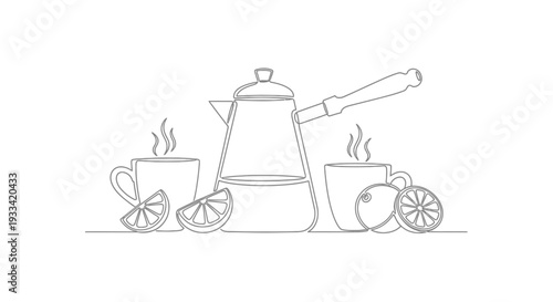 A steaming coffee setup with cups and a coffee maker on a table, viewed from the side in a minimalist line art style.