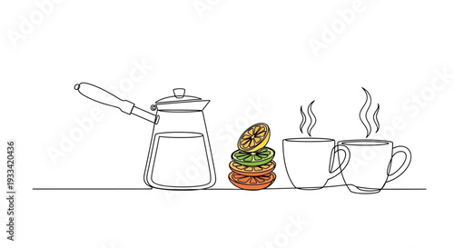 A coffee pot and steaming cups with a pastry on a simple table setting viewed from the side
