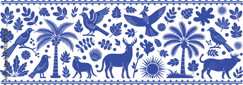 Vibrant blue and white wildlife pattern with tropical trees and animals