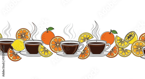 A serene illustration of coffee cups surrounded by citrus fruits and slices, viewed from directly above