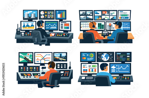 Control room operators wearing headsets, overseeing diverse data visualizations, charts, and information on numerous monitors