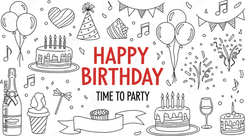 Birthday party illustrations with happy birthday wishes