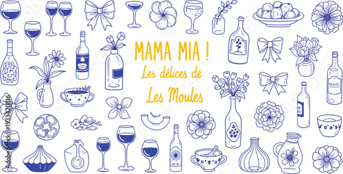 Wine and cheese illustrations with french text