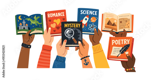 Many hands with different skin tones holding open books and closed books, showcasing diverse literary genres for education and reading
