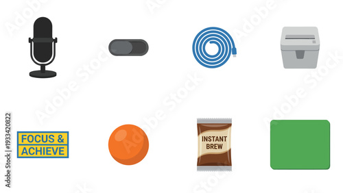 Flat Design Icon Set: Microphone, Toggle Switch, Hose, Shredder, Motivational Sign, Ball, Instant Coffee, Green Shape