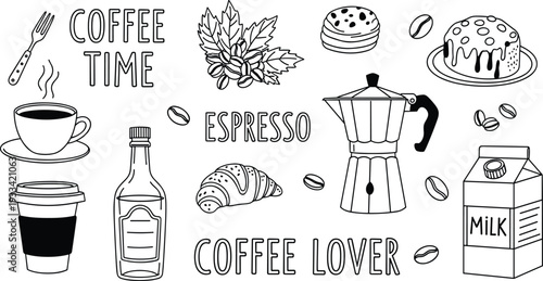 Coffee time illustration with various coffee related items