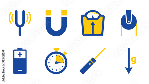 Physics and Measurement Concept Icons Set: Gravity, Magnetism, Sound, Electricity, Time, Weight, Temperature, and Simple Machines