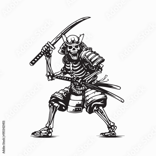Skeleton Samurai Warrior Holding Sacred Sword Vector Illustration