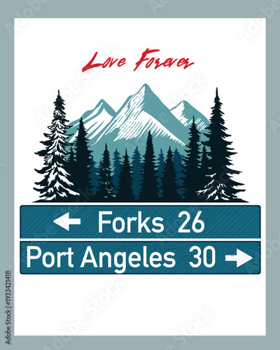 Apparel t-shirt print in retro style, Washington USA Forks Port Angeles vector design with forest