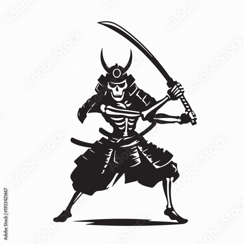 Undead Samurai Skeleton with Mystic Katana Vector On White Background