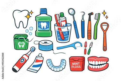 Dental hygiene essentials arranged, including toothbrushes, toothpaste, floss, mouthwash, and dentist tools for comprehensive oral care
