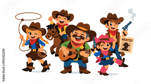 Group of cartoon characters dressed as cowboys and cowgirls, having fun playing western games with lasso, guitar, and guns